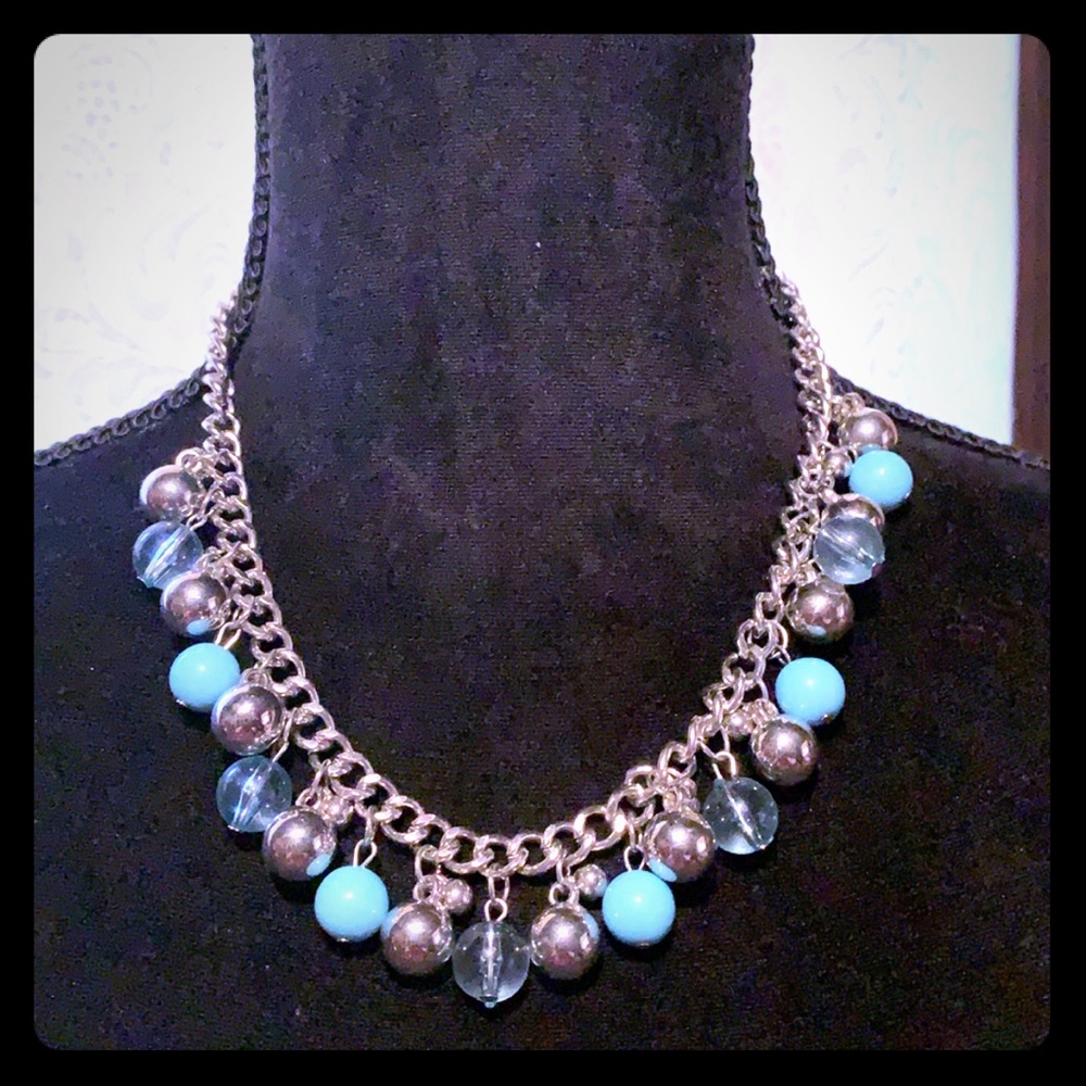 Short silver turquoise and white beaded necklace